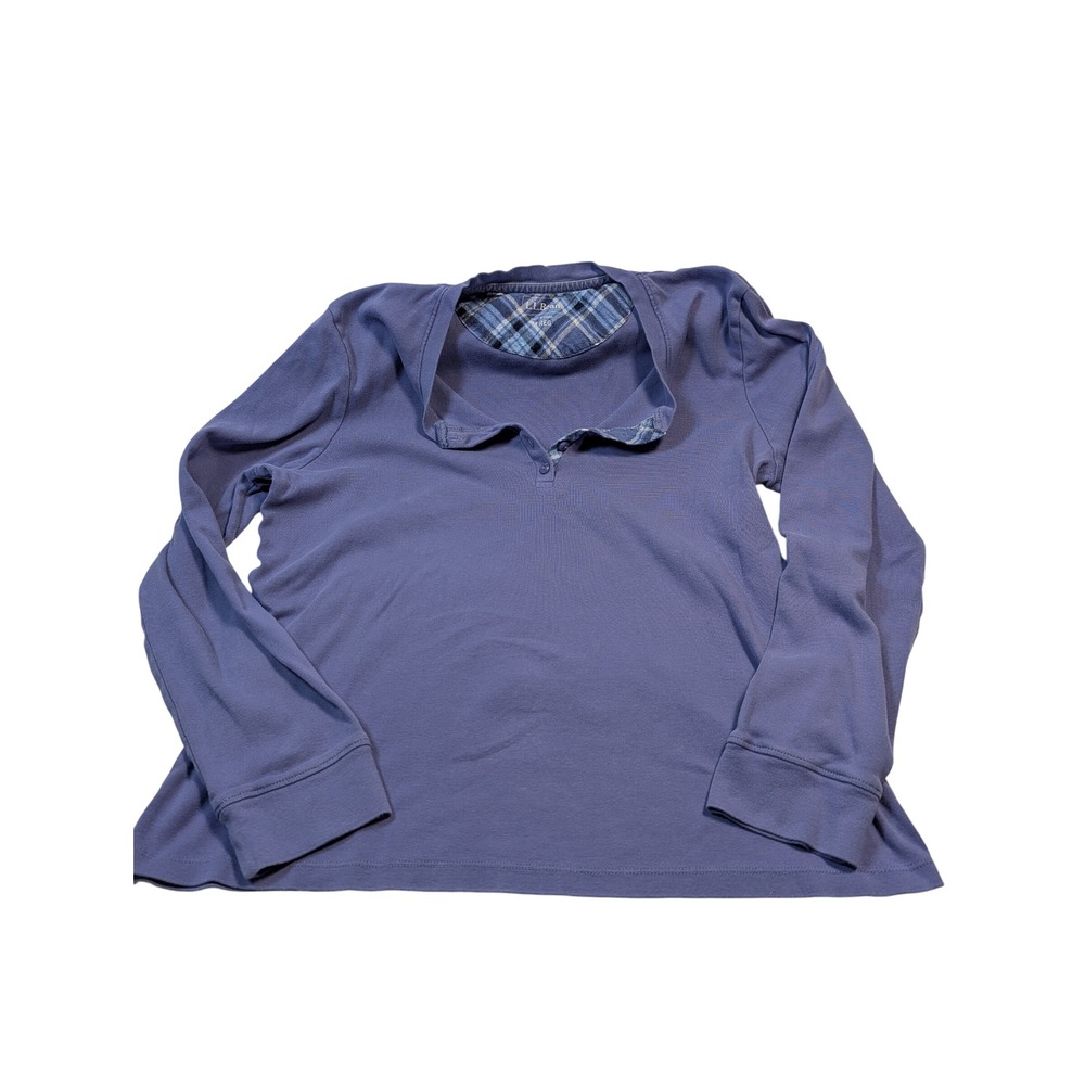 L.L. Bean Women Henley‎ Top Medium Purple Solid Long Sleeve Plaid Trim